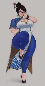 1girl aoran_p.b. black_eyes black_hair blizzard_(company) breasts capcom chinese_clothes chun-li_(cosplay) cleavage cosplay curvy full_body glasses hair_ornament highres large_breasts looking_at_viewer mei_(overwatch) one_leg_raised overwatch plump sandals smile solo standing street_fighter street_fighter_6 thick_thighs thighs wide_hips