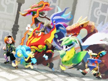 barbaracle blue_necktie brown_hair building closed_eyes closed_mouth commentary_request dragalge emboar eyelashes gen_1_pokemon gen_5_pokemon gen_6_pokemon green_jacket green_shorts heart heart_print highres jacket lamppost long_sleeves looking_back malamar mega_emboar mega_pokemon multicolored_hair necktie nintendo open_clothes open_jacket original pokemon pokemon_(creature) pokemon_legends:_z-a pokemon_team print_socks shirt shoes short_hair shorts simipour smile socks tepetom_(77hhaarruu) thick_eyebrows two-tone_hair tyrantrum victreebel white_socks yellow_shirt