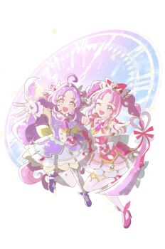2girls ahoge akechi_anna blue_eyes bow bowtie brooch capelet clock commentary_request cure_answer cure_mystique double_bun dress fingerless_gloves gloves hair_bow hair_bun hair_intakes hair_ornament heart heart_brooch heart_hair_ornament highres jewelry kobayashi_mikuru leg_up long_hair looking_at_viewer magical_girl medium_dress meitantei_precure! multiple_girls one_eye_closed open_mouth pact_holder pink_bow pink_bowtie pink_capelet pink_dress pink_hair pink_shoes pointing pointing_at_viewer precure purple_bow purple_bowtie purple_capelet purple_dress purple_hair purple_shoes reaching reaching_towards_viewer red_bow shoes side-by-side smile sparkle standing standing_on_one_leg thighhighs twintails very_long_hair white_thighhighs wonderful_tanaka