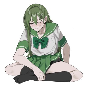 1boy averting_eyes black_panties black_socks blush bow bowtie crossdressing crossdressing_(mtf) embarrassed green_bow green_bowtie green_hair green_sailor_collar green_skirt hair_ornament hairclip highres indian_style kneehighs lobotomy_corporation long_hair male_focus miniskirt mu46016419 netzach_(project_moon) no_dickey no_shoes one_eye_closed panties pleated_skirt project_moon sailor_collar school_uniform serafuku simple_background sitting skirt socks solo trap underwear white_background
