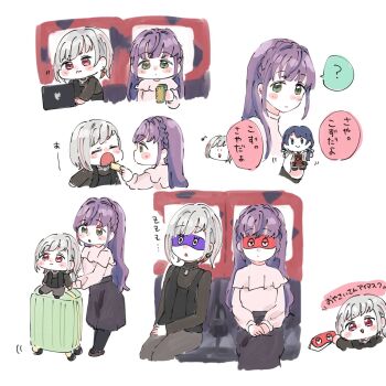 2girls 3: :d ? black_pants black_skirt black_sweater braid cellphone character_doll chibi closed_mouth colored_speech_bubble commentary_request crown_braid doll feeding frilled_shirt frills green_eyes grey_hair hasu_no_sora_school_uniform highres holding holding_phone link!_like!_love_live! long_hair long_sleeves love_live! macbook moso_(expect66) multiple_girls multiple_views murano_sayaka nasu-san_(love_live!) on_suitcase open_mouth otomune_kozue otomune_kozue_(post-graduation) pants phone pink_eyes pink_shirt purple_hair red_streaks rolling_suitcase school_uniform shirt sidelocks sitting sitting_on_suitcase skirt sleep_mask sleeping sleeping_upright sleeves_past_wrists smartphone smile speech_bubble spoken_question_mark suitcase sweater tomati_(love_live!) virtual_youtuber yugiri_tsuzuri yugiri_tsuzuri_(post-graduation)