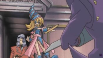 absurdres anime_screenshot arm_warmers blonde_hair blue_eyes dark_magician_girl hat highres holding holding_wand non-web_source sleeveless wand witch_hat yu-gi-oh!