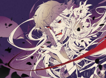 1boy commentary_request earrings eyelashes fangs feather_boa fox_shadow_puppet hair_between_eyes highres jewelry kuzuha_(nijisanji) long_hair long_sleeves looking_at_viewer male_focus mole mole_under_eye multiple_rings nijisanji oboro_keisuke pointy_ears red_nails ring tongue tongue_out upper_body virtual_youtuber