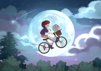 Rule 34 | basket, bicycle, black eyes, brown hair, digimon, digimon (creature), e.t., highres, hood, in basket, in container, izumi koshiro, mochimon, moon, parody, short hair, sky, star (sky), starry sky