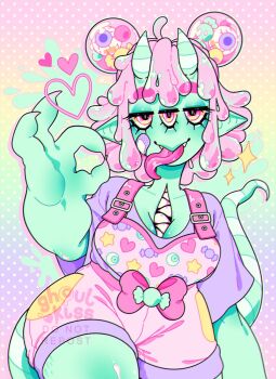 Rule 34 | 1girl, ahoge, bow, breasts, candy, claws, cleavage, colored skin, colorful, commentary, cowboy shot, double bun, english commentary, extra teeth, fangs, food, ghoulkiss, green skin, hair bun, heart, highres, horns, large breasts, long tongue, looking at viewer, monster girl, ok sign, original, overalls, pastel colors, pink bow, pink hair, pink overalls, plump, pointy ears, purple shirt, sharp teeth, shirt, short hair, slime (substance), solo, standing, tail, teeth, thick thighs, thighs, third eye, tongue, tongue out, watermark, yami kawaii