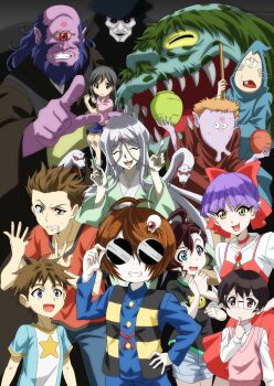 4girls 6+boys adjusting_eyewear ahoge angry antenna_hair aqua_eyes beard black_hair black_robe black_shirt blue_eyes blue_hair blue_pants blue_shirt blue_skin blue_skirt brooch broom brown_hair brown_robe cat_girl chanchanko_(clothes) colored_skin cyclops dress facial_hair fangs fedora forked_tongue frown futakuchi-onna futakuchi-onna_(gegege_no_kitarou_6) gegege_no_kitarou glasses goatee green_hair grey_hair hair_over_one_eye hair_ribbon hand_on_eyewear happy hat highres hiroto_(gegege_no_kitarou_6) holding holding_jar holding_scalpel inuyama_mana japanese_clothes jar jewelry kamaitachi_(gegege_no_kitarou_6) kimono kitarou looking_at_viewer mask medama_oyaji medibang_paint_(medium) miage-nyudo_(gegege_no_kitarou_6) multiple_boys multiple_girls nanashi_(gegege_no_kitarou_6) nekomusume nekomusume_(gegege_no_kitarou_6) nezumi_otoko nori_gutchin nose_hair one-eyed orange_hair pants pentagram pink_dress pointing pointy_ears purple_eyes purple_hair purple_skin red_dress red_eyes red_ribbon ribbon robe scalpel shirt skirt smile snake_hair souma_(gegege_no_kitarou_6) spiked_hair spotted_skin star_(symbol) sunglasses tantanbo_(gegege_no_kitarou_6) tongue whiskers white_pants yellow_eyes yuuta_(gegege_no_kitarou_6)