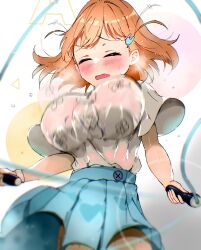 Rule 34 | 1girl, alternate breast size, aqua skirt, blush, bouncing breasts, breasts, closed eyes, commentary request, from below, furrowed brow, grey shirt, hair ornament, highres, hinoshita kaho, holding jump rope, jump rope, large breasts, link! like! love live!, love live!, open mouth, shirt, short sleeves, shouma (1026syoma), skirt, solo, sweat, upper body, virtual youtuber