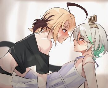 2girls absurdres ahoge aqua_eyes blurry blush bokeh brown_hair cecilia_immergreen closed_mouth depth_of_field doll_joints eye_contact gigi_murin green_hair grey_hair hair_ornament highres hololive hololive_english joints looking_at_another multicolored_hair multiple_girls nurizza_ilst parted_lips pink_eyes short_hair sweat two-tone_hair virtual_youtuber winding_key yuri