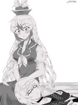 1boy 1girl :o ahoge blush breasts cleavage commentary glasses greyscale hand_on_another&#039;s_head hat hetero highres kamishirasawa_keine lap_pillow long_hair looking_at_another lying medium_breasts monochrome morichika_rinnosuke multicolored_hair on_back on_floor semi-rimless_eyewear short_sleeves sitting sleeping straight_hair sweatdrop touhou two-tone_hair under-rim_eyewear very_long_hair vroxclly_art