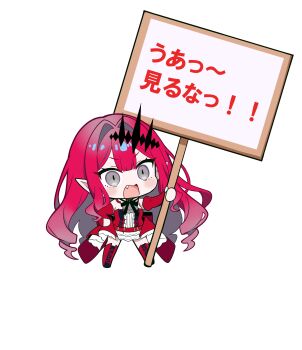 1girl absurdres baobhan_sith_(fate) baobhan_sith_(first_ascension)_(fate) blush boots detached_sleeves dress fang fate/grand_order fate_(series) grey_eyes highres holding holding_sign long_hair looking_at_viewer oji_(drawingchinchin) open_mouth red_dress red_hair sign solo tailcoat thigh_boots