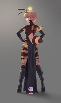 1girl arthropod_girl ass bee_girl bee_wings black_boots black_dress black_pantyhose blonde_hair boots brown_eyes closed_mouth dress face_piercing fishnet_pantyhose fishnets grey_background hands_on_own_hips high_heel_boots high_heels highres hunybee insect_girl insect_wings knee_boots looking_at_viewer mouth_piercing original pantyhose piercing short_hair solo wings