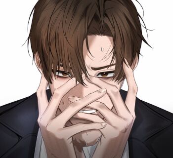 1boy brown_eyes brown_hair character_request check_copyright commentary_request copyright_request fingernails grey_background gwechul hands_on_own_face korean_commentary looking_at_viewer male_focus mongguli196202 portrait simple_background solo sweat teeth