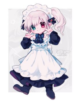 1girl :d apron aqua_eyes artist_logo artist_name back_bow bare_shoulders black_bow black_bowtie black_dress black_shoes blonde_hair border bow bowtie brooch deformed dot_nose double-parted_bangs dress finger_to_cheek frilled_apron frills full_body grey_background grin hands_up happy hetero highres index_fingers_raised jewelry logo long_dress long_hair long_sleeves maid maid_headdress off-shoulder_dress off_shoulder oisiionigiriiii open_mouth original outside_border pointy_ears red_eyes shoes side_ponytail smile solo standing standing_on_one_leg watermark wavy_background white_apron white_border