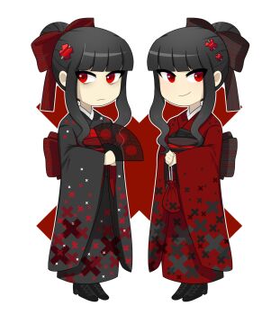 Rule 34 | 2girls, alpha transparency, bags under eyes, black boots, black bow, black hair, black kimono, black sash, blunt bangs, boots, bow, chibi, chibi only, closed mouth, cross, cross print, folding fan, gallaxi, hair bow, hair bun, hair ornament, hand fan, highres, holding, holding fan, japanese clothes, julia (gallaxi), juno (gallaxi), kimono, looking at viewer, looking to the side, multiple girls, outline, primamori clinic, red bow, red eyes, red kimono, red sash, sash, sidelocks, smile, transparent background, white outline, x hair ornament