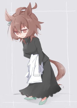 Rule 34 | 1girl, agnes tachyon (umamusume), ahoge, animal ears, beer hsk, black shirt, black skirt, breasts, brown eyes, brown hair, closed mouth, commentary request, full body, green shoes, grey background, hair between eyes, high heels, horse ears, horse girl, horse tail, leaning forward, long sleeves, looking at viewer, medium breasts, shirt, shoes, simple background, skirt, smile, solo, standing, tail, umamusume