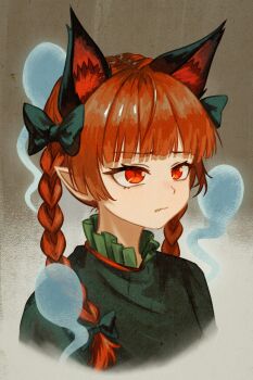 1girl animal_ears bow braid cat_ears chunjiu closed_mouth commentary dress extra_ears fang ghost green_bow green_dress hair_bow highres hitodama kaenbyou_rin long_hair pointy_ears portrait red_eyes red_hair skin_fang solo touhou twin_braids