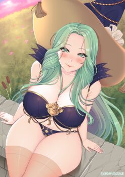 1girl absurdres alternate_costume arm_support bare_shoulders blue_panties blush breasts cleavage cryptid_crab curvy fire_emblem fire_emblem:_three_houses fire_emblem_heroes from_above green_eyes green_hair halloween hat highres large_breasts long_hair looking_at_viewer looking_up nail_polish navel nintendo official_alternate_costume outdoors panties rhea_(fire_emblem) rhea_(halloween)_(fire_emblem) sitting smile thick_thighs thighhighs thighs underwear very_long_hair white_nails witch witch_hat