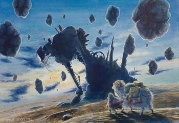 1other amputee bag boots brown_boots cape coat commentary_request crater creature curled_horns damaged floating_rock fringe_trim green_coat highres hood hooded_cape horns mecha original outdoors robot rock saddle_blanket sky standing tama_(amedamadou) twitter_username wasteland white_cape white_hair