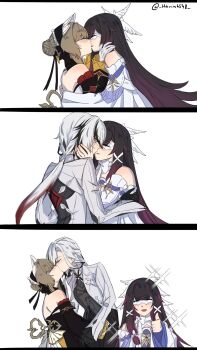 3girls arlecchino_(genshin_impact) bare_shoulders black_dress black_hair black_streaks blush braid braided_bun brown_hair closed_eyes coat columbina_(genshin_impact) commentary dress elite_throuple_kiss_(meme) english_commentary genshin_impact gloves hair_bun hariu6548 highres kiss meme multiple_girls open_mouth parted_lips purple_streaks red_streaks sandrone_(genshin_impact) simple_background smile sparkle thumbs_up white_background white_coat white_dress white_gloves white_hair winding_key yuri