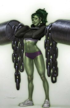 1girl breasts chain colored_skin crop_top exercising eyelashes green_eyes green_hair green_lips green_skin gym_shorts high_ponytail highres hood hoodie jee-hyung_lee jennifer_walters large_breasts long_hair looking_at_viewer marvel muscular muscular_female navel ponytail purple_shorts she-hulk shoes shorts smile sneakers thighs weightlifting weights