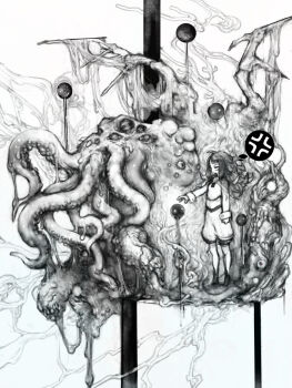 1girl anger_vein boots breasts cropped_shirt cthulhu eyeball greyscale insect_pin long_hair long_sleeves looking_ahead midriff monochrome monster navel original outstretched_arm oversized_object pon_(tab_rasa) profile puffy_shorts reaching rotting shorts sleeve_cuffs slime_(substance) small_breasts solo spoken_anger_vein standing tentacles wings