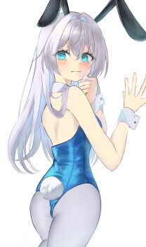 1girl absurdres animal_ears ass bare_arms bare_shoulders blue_eyes blue_leotard blush breasts closed_mouth collar commentary commission cowboy_shot crossed_bangs detached_collar double-parted_bangs embarrassed fake_animal_ears fake_tail fingernails from_behind frown furrowed_brow grey_hair grey_pantyhose hair_between_eyes hair_intakes hand_on_own_chin hands_up highres leotard long_hair looking_at_viewer looking_back medium_breasts nanase_sato original pantyhose playboy_bunny rabbit_ears rabbit_tail simple_background solo tail tearing_up tears thighs white_background white_collar white_wrist_cuffs wrist_cuffs