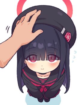 1girl black_hair black_hat black_sailor_collar black_serafuku blue_archive blunt_bangs blush closed_mouth commentary_request disembodied_hand flying_sweatdrops from_above hair_over_eyes halo hand_on_another's_head hat justice_task_force_member_(blue_archive) long_hair long_sleeves looking_at_viewer neckerchief onyhakase pov red_eyes red_neckerchief sailor_collar school_uniform serafuku simple_background solo_focus standing white_background