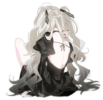 1girl bare_back black_dress dress facing_away highres original sitting solo stemiomio white_background