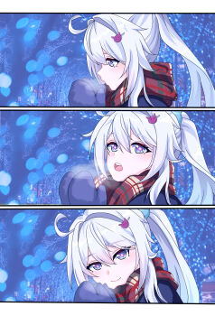 1girl absurdres alternate_costume blue_eyes breath cat_hair_ornament closed_mouth cold commentary english_commentary hair_between_eyes hair_intakes hair_ornament hands_up highres honkai_(series) honkai_impact_3rd kiana_kaslana kiana_kaslana_(herrscher_of_finality) long_hair looking_at_viewer maxwelzy mittens multiple_views open_mouth ponytail portrait purple_pupils red_scarf scarf side_ahoge smile white_hair winter