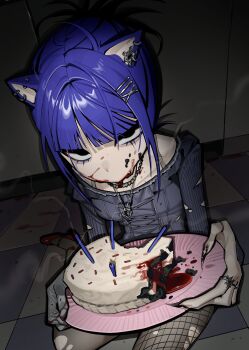 1girl ambiguous_red_liquid animal_ear_piercing animal_ears birthday_cake black_eyes blue_hair bra_strap cake candle cat_ears claws commentary food food_on_face grey_pantyhose hair_intakes hair_ornament hairclip highres jewelry kubrick_stare necklace on_floor original pale_skin pantyhose plate scocasr sitting smoke solo symbol-only_commentary tile_floor tiles torn_clothes torn_pantyhose yokozuwari