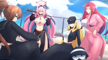 absurdres android axasempai bandaged_hand bandages bandaid bandaid_on_cheek bandaid_on_face baseball_bat belt berkana_(mega_man) blonde_hair blue_eyes blue_hair blue_sky breasts brown_hair capcom chain chest_sarashi cloud cloudy_sky delinquent eratoeir_(mega_man_x_dive) ferham_(mega_man) green_eyes halo headband headphones highres holding holding_baseball_bat holding_weapon iris_-another-_(mega_man) jacket jeweled_hat joints large_breasts leather_belt long_hair long_skirt looking_at_viewer mega_man_(series) mega_man_x:_command_mission mega_man_x_(series) mega_man_x_dive mega_man_xtreme_2 metal_baseball_bat midriff multicolored_hair open_clothes open_jacket pink_hair pink_halo pink_headband pleated_skirt ponytail purple_hair red_hair robot robot_girl robot_joints sarashi school_uniform side_slit sidelocks skirt sky sportswear strapless sukeban terrace turtleneck two-tone_hair underboob weapon witch yellow_eyes