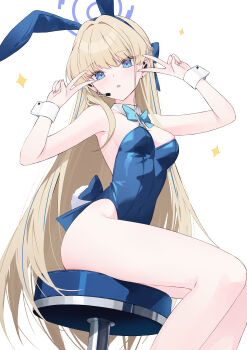 1girl absurdres animal_ear_hairband animal_ears aqua_bow aqua_bowtie bare_legs blonde_hair blue_archive blue_eyes blue_halo blue_leotard bow bowtie braid breasts cleavage commentary_request detached_collar double_v fake_animal_ears hairband half_up_braid halo headset highres leotard lisu long_hair looking_at_viewer medium_breasts microphone open_mouth playboy_bunny rabbit_ears rabbit_tail simple_background solo stool strapless strapless_leotard tail thighs toki_(blue_archive) toki_(bunny)_(blue_archive) v white_background wrist_cuffs