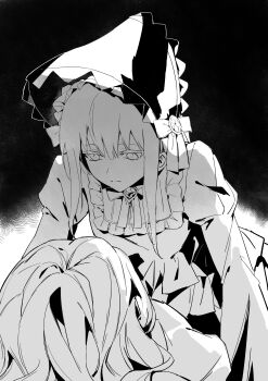 2girls absurdres bang_dream! bang_dream!_it's_mygo!!!!! bonnet chinese_commentary commentary_request dress greyscale highres juliet_sleeves long_hair long_sleeves lying monochrome multiple_girls nagasaki_soyo on_back puffy_sleeves wakaba_mutsumi was775 yuri