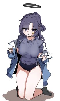 1girl ankle_socks bare_legs black_buruma black_halo black_socks blue_archive blue_jacket breasts breasts_apart buruma c: closed_mouth commentary covered_navel curtained_hair full_body groin gym_shirt gym_uniform half_updo halo highres hip_bones jacket jacket_partially_removed kneeling korean_commentary large_breasts long_hair long_sleeves looking_at_viewer middle_part no_shoes off_shoulder open_clothes open_jacket ponytail purple_eyes purple_hair purple_shirt sagging_breasts samsick shirt short_ponytail short_sleeves simple_background smile socks solo star_(symbol) star_sticker sticker sticker_on_face t-shirt taut_clothes taut_shirt thigh_gap thighs track_jacket traditional_halo white_background yuuka_(blue_archive) yuuka_(track)_(blue_archive)