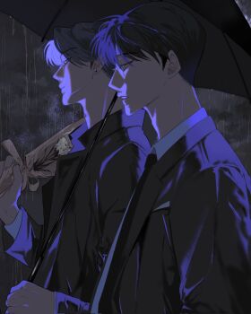 2boys black_hair black_jacket black_necktie black_umbrella blazer blue_eyes bouquet closed_mouth collared_shirt commentary dark earrings flower from_side half-closed_eyes highres holding holding_bouquet holding_umbrella jacket jewelry mafia mole mole_on_neck multiple_boys necktie open_clothes open_jacket original overcast pafujojo parted_lips popped_collar rain shared_umbrella shirt short_hair sidelighting sky stud_earrings teeth umbrella upper_body white_flower white_shirt