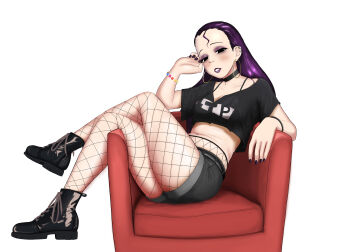 Rule 34 | 1girl, absurdres, armpit crease, bags under eyes, belly, black boots, black choker, black eyes, black nails, boots, bra, bra lift, bracelet, breasts, chair, choker, cleavage, clothes lift, collarbone, commentary, crop top, crop top overhang, cropped shirt, crossed legs, death by lolis, deko (death by lolis), ear piercing, earclip, earrings, english commentary, eyeshadow, fishnet pantyhose, fishnets, forehead, full body, highres, hoop earrings, jewelry, large variant set, long hair, makeup, midriff, nail polish, navel, original, pantyhose, parted lips, photo-referenced, piercing, purple eyeshadow, purple hair, purple lips, short shorts, shorts, simple background, sitting, small breasts, solo, toenail polish, toenails, underwear, variant set, white background