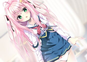 1girl ahoge arms_at_sides black_ribbon blue_skirt blurry blurry_background blush buttons commentary_request cowboy_shot double-breasted dutch_angle fang furrowed_brow green_eyes hair_between_eyes hair_intakes hair_ornament hair_ribbon high-waist_skirt highres indoors long_hair long_sleeves looking_at_viewer neckerchief open_mouth outline panties panty_pull pink_hair pink_pupils pulling_own_clothes red_neckerchief ribbon school_uniform select_oblige shirt skin_fang skirt solo star_(symbol) star_hair_ornament strap_slip sukonbu385 suspender_skirt suspenders two_side_up underwear very_long_hair watermark white_outline white_panties white_shirt yato_kukuru