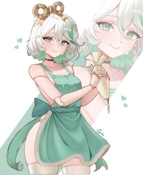 1girl absurdres apron ayrinsama black_choker braid cecilia_immergreen choker closed_mouth colored_inner_hair commentary cowboy_shot doll doll_joints double-parted_bangs english_commentary green_apron green_eyes green_hair grey_hair hair_between_eyes hair_ornament highres holding hololive hololive_english joints looking_at_viewer multicolored_hair nearly_naked_apron short_hair side_braid simple_background single_braid smile solo streaked_hair thighhighs virtual_youtuber white_background white_thighhighs winding_key zoom_layer