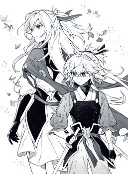 1boy 1girl aged_down black_gloves child chinese_clothes closed_mouth dashi_(minzoku_gb) ginkgo_leaf gloves hair_between_eyes hair_ribbon high_ponytail holding holding_sword holding_weapon honkai:_star_rail honkai_(series) jing_yuan jingliu_(honkai:_star_rail) leaf long_hair mole mole_under_eye official_alternate_costume pants ponytail ribbon sword weapon