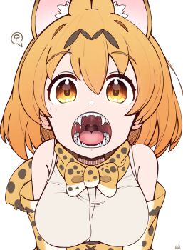 1girl ? animal_ears animal_print bare_shoulders blonde_hair bow bowtie cat_ears cat_girl cat_print elbow_gloves extra_ears fangs gloves hair_between_eyes high-waist_skirt highres jaws kemono_friends looking_at_viewer multicolored_hair open_mouth orange_eyes print_bow print_bowtie print_gloves print_skirt rakugakiraid saliva serval_(kemono_friends) shirt sidelocks skirt sleeveless solo spoken_question_mark teeth upper_body white_shirt