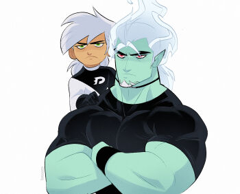 1boy 1girl beard black_bodysuit black_gloves black_shirt bodysuit closed_mouth colored_skin commentary covered_collarbone danny_phantom danny_phantom_(character) dark_danny facial_hair frown genderswap genderswap_(mtf) gloves green_skin krossan long_hair muscular muscular_male pointy_ears shirt short_sleeves simple_background white_background white_bodysuit white_hair