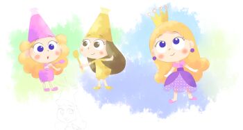 2girls blonde_hair blue_background blue_eyes blush brown_eyes brown_hair chibi crown curly_hair dress earrings gloves green_background hat highres holding holding_spatula holding_wand jewelry long_hair looking_up multiple_girls multiple_views pink_shoes puffy_sleeves purple_dress shoes short_sleeves smile spatula standing star_(symbol) stella_(trulli_tales) sun_(trulli_tales) trulli_tales wand white_background white_gloves yamanokonza yellow_dress yellow_hat