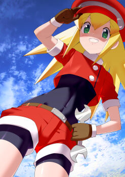 1girl absurdres belt bike_shorts blonde_hair brown_gloves cloud cropped_jacket gloves green_eyes hat highres jacket long_hair looking_at_viewer mega_man_(series) mega_man_legends_(series) newsboy_cap red_hat red_jacket red_shorts roll_caskett_(mega_man) short_sleeves shorts smile solo toku_sonchou