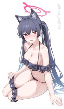 1girl absurdres animal_ears bare_shoulders bikini black_bikini black_hair blue_archive blush breasts cat_ears cleavage clothes_pull commentary halo highres legs_together long_hair looking_at_viewer medium_breasts off-shoulder_bikini off_shoulder official_alternate_costume pulling_own_clothes red_eyes red_halo serika_(blue_archive) serika_(swimsuit)_(blue_archive) shinba233 simple_background skirt skirt_pull solo swimsuit twintails twitter_username v-shaped_eyebrows very_long_hair white_background