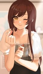 Rule 34 | 0923 azu, 1girl, ;), black skirt, blush, brown hair, collarbone, cosmetics, highres, holding, idolmaster, idolmaster shiny colors, indoors, long hair, looking at viewer, one eye closed, osaki amana, patterned clothing, puffy short sleeves, puffy sleeves, short sleeves, skirt, smile, solo, straight hair, very long hair, yellow eyes