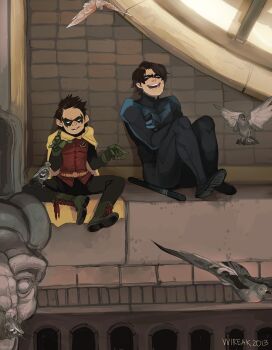 10s 2013 2boys batman_(series) bird black_hair bodysuit boots brothers building cape clock clock_tower damian_wayne dc_comics dick_grayson domino_mask escrima_stick eye_mask family gargoyle gloves green_footwear highres lace-up_boots laughing male_focus mask multiple_boys nightwing open_mouth pigeon robin_(dc) shoes siblings sitting smile tower