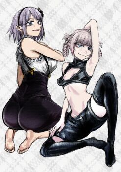 2girls arm_behind_head ass bare_arms bare_shoulders barefoot black_boots black_shorts black_skirt blue_eyes boots braid braided_hair_rings breasts cleavage_cutout closed_mouth clothing_cutout creator_connection crop_top dagashi_kashi full_body hair_rings high-waist_skirt highres knee_up kneeling large_breasts looking_at_viewer midriff multiple_girls nanakusa_nazuna_(yofukashi_no_uta) open_mouth pink_hair purple_hair reiquant shidare_hotaru shirt short_hair shorts sitting skirt sleeveless sleeveless_shirt small_breasts smile thigh_boots white_background white_shirt yofukashi_no_uta