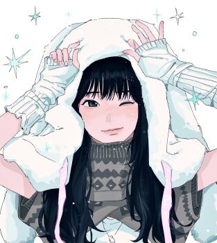1girl aegyo_sal black_eyes black_hair closed_mouth commentary highres izone jo_yu-ri liiix46 long_hair looking_at_viewer one_eye_closed real_life simple_background solo symbol-only_commentary upper_body white_arm_warmers white_background winter_clothes