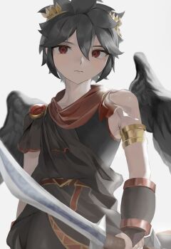 Rule 34 | armlet, belt, black hair, black wings, closed mouth, dark pit, empty eyes, gold armlet, greco-roman clothes, highres, jewelry, kid icarus, kid icarus uprising, laurel crown, looking at viewer, male focus, nintendo, official alternate color, pale skin, red belt, red eyes, red scarf, scarf, short hair, single bare shoulder, super smash bros., white background, wings, yuuri snpr