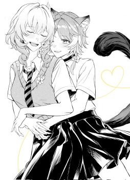 2girls aglaea_(honkai:_star_rail) animal_ears cat_ears cat_girl cat_tail cipher_(honkai:_star_rail) closed_eyes collar collared_shirt commentary contemporary english_commentary fang greyscale heart heart_of_string highres holding_hands honkai:_star_rail honkai_(series) hug hug_from_behind interlocked_fingers monochrome multiple_girls necktie one_eye_closed open_mouth pleated_skirt school_uniform shirt skin_fang skirt smile spot_color sweater_vest tail yuri yvrity
